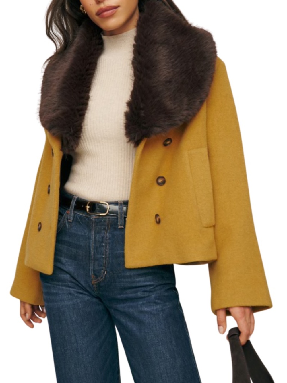 NEW Reformation Wool Blend Scarlet Jacket with Removable Faux Fur Mostarda XL